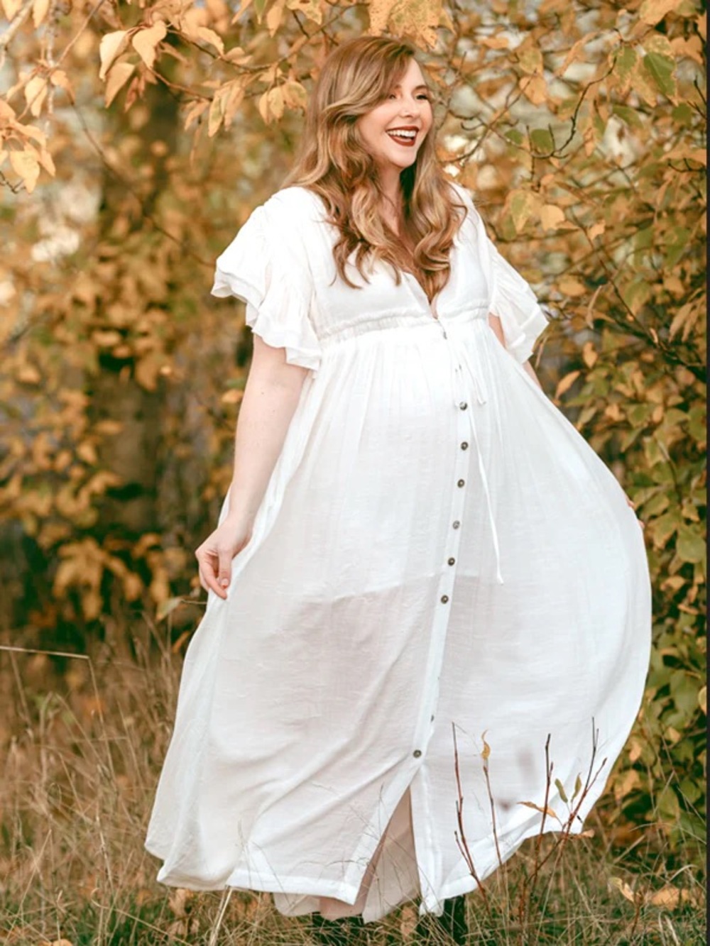 White Button-Front Maxi Dress with Flutter Sleeves boho ruffle